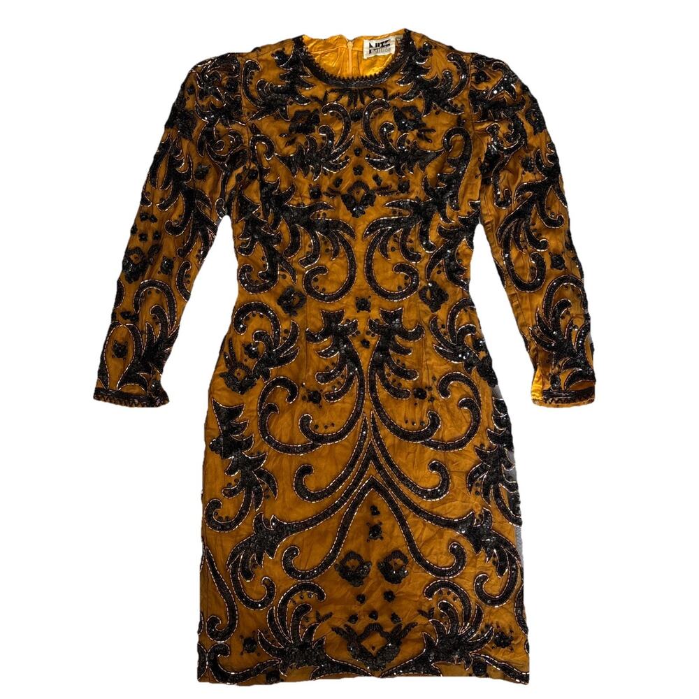 VTG Nite Line Silk Beaded Dress Sz 4/6 80s Glam Gold & Black Mini Old Hollywood